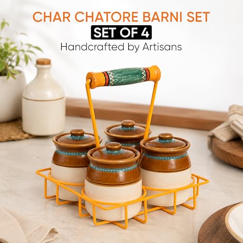 Image of AAKRITI ART CREATIONS Char Chatore Barni Set with Yellow Handpainted Metal Stand | Set of 4 Ceramic Achar ki Barni & Mukhwas Box | Handcrafted Storage Jar for Spice & Pickle