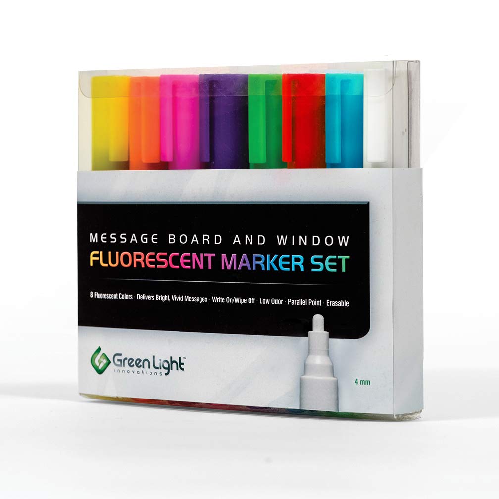 Green Light Innovations Dry Erase Markers - with 8 x 4mm Fine Point Fluorescent Neon Marker Pens for LED Message Boards, Whiteboards, Windows - Instant Impact for Daily Notices – Low-Odor, Easy Clean