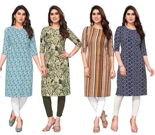 Image of JAKHANA Women's Crepe Printed Casual Straight Calf Length Round Nick Kurta Pack of 4