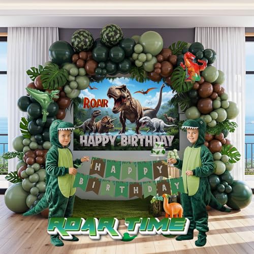 Image of Dinosaur Birthday Party Decorations Hunter Green brown balloon arch