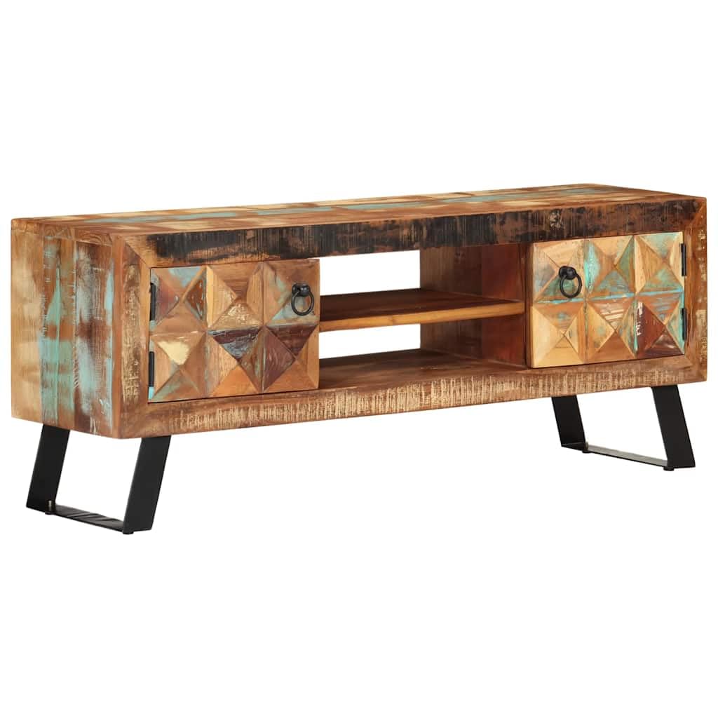 Mobile Porta TV 112x30x45 cm in Legno Massello di Recupero | Mobiletto basso vintage per soggiorno con ante e ripiani in legno riciclato e gambe in metallo.
