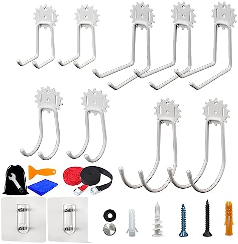 Vehookin Garage Hooks 9 Pack, Heavy Duty Steel Tool Hangers Wall Storage Hooks with Anti-Slip Coating, Utility J Wall Mount Holder for Bike, Ladder and Garden Tools (Gear Hook 9 White)