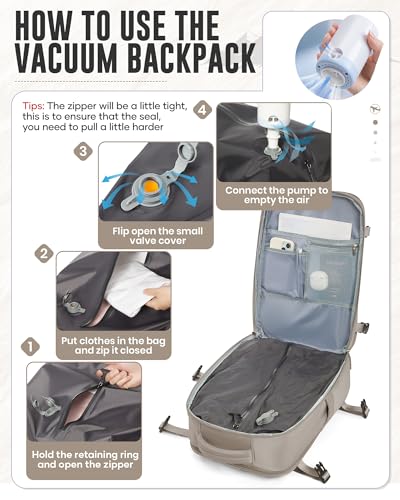 Image of Vacuum Travel Backpack with Electric Pump for Women Men, Vacpack Seal Compression Bags Waterproof Travel Backpack Carry on Flight Approved, Air Backpack Personal Item Carry on Backpacks（grey brown）