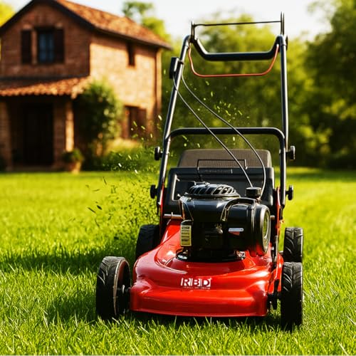 Image of RBD 6HP Petrol Lawn Mower - 18-Inch Cutting Width, 4-Stroke Engine Gas Powered Grass Cutter with Metal Deck & Heat-Treated Alloy Steel Blades - Heavy Duty Push Mower for Landscaping