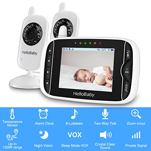 hellobaby baby monitor with 2 cameras baby monitor no wifi night vision 2-way audio remote pan amp tilt 2x zoom eco mode 8 lullabies sound activated screen