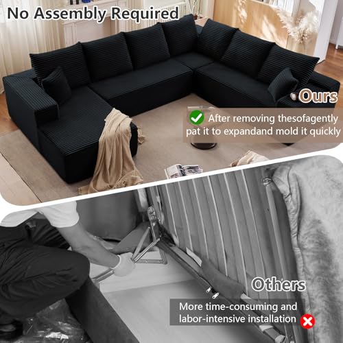 Image of Modern Modular Sectional Sofa, Big Comfy Corduroy Cloud Couch with Deep Seat, Boneless Couch Upholstered 6-Seater U-Shaped Sofa for Living Room, No Assembly Required (Black, Left-Facing Chaise)