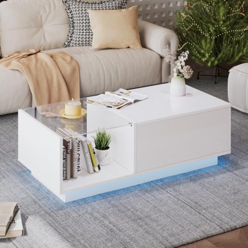 Merax Couchtisch mit Smart LED-Beleuchtung, App-Steuerung, Anhebbarer Tischplatte, Hochglanz-Oberfläche, Stauraum und RGB-Licht, 100x50x33 cm, Moderner Sofatisch für Wohnzimmer