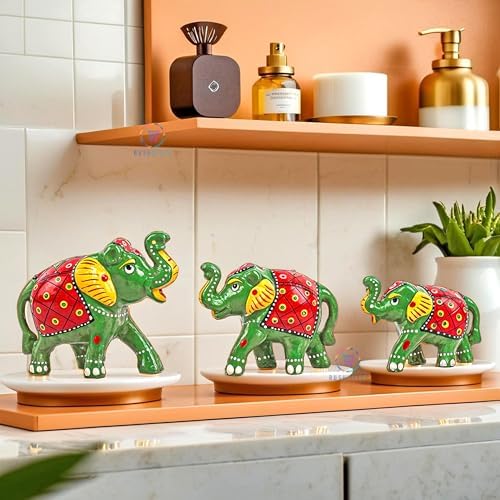 Hand-Painted Paper Mache Elephant Set - Traditional Indian Folk Art Home Decor,ift Item (Set of 6) -Old &reen