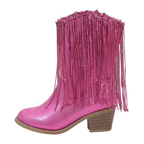 IWIHMIV Girls Cowboy Ankle Western Boots Fashiona Riding Shoes with Tassel Low Heels Wide Calf Western Boots