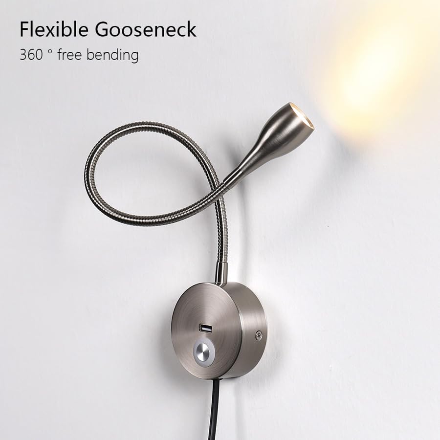 Image of LED Reading Lamp 3W Warm White 3000K Touch Switch USB A Charger for Reading Books Plug Cord 1 Piece (US028-NK)