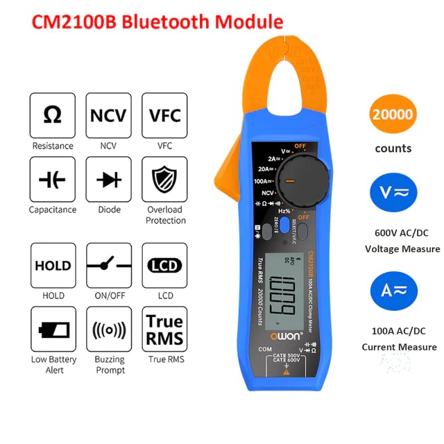 Diagram highlighting key features of the CM2100B Bluetooth Module, including measurement functions and display counts.