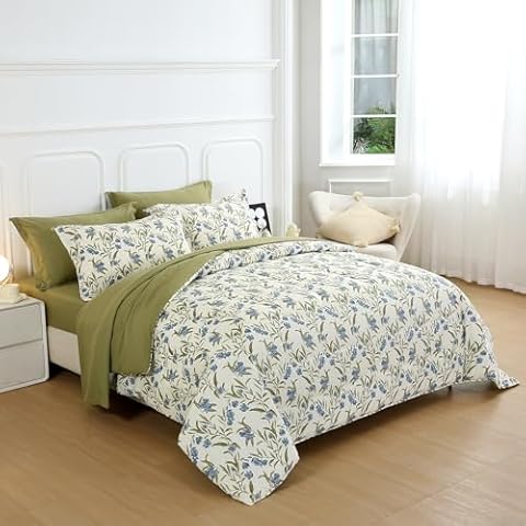 LweiPsqLin Floral Comforter Set Queen Size,Leaf Print 7 Pieces Bed in a Bag Vintage Farmhouse Sheet Set Bed Sets (1 Comforter, 2 Pillow Shams, 1 Flat Sheet, 1 Fitted Sheet, 2 Pillowcases),Sage Green Cover