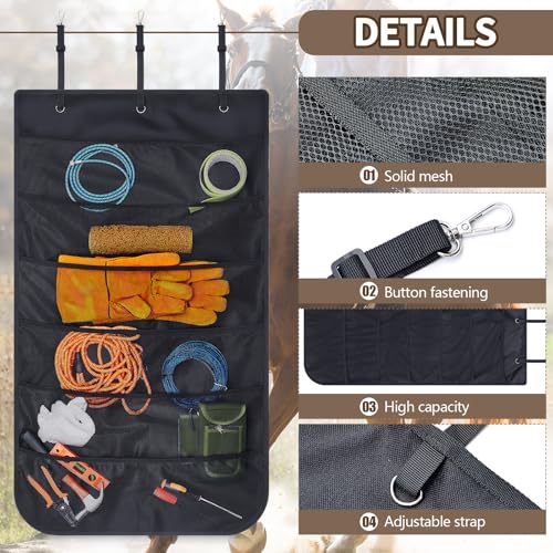 Yiyiring Horse Trailer Organizer Hanging Roping Rope Horse Trailer Door Caddy Organizer Grooming Bag Accessories Storage for Stable Door, Black, 42" x 24"