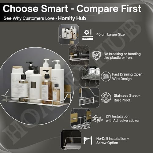 Image of Stainless Steel Bathroom Wall Shelf Without Drill | Self Adhesive No Drill Wall Shelf Storage for Bathroom Kitchen | Wall Mounted Washroom Organiser Shelf Magic Sticker Rustproof (Set of 4)