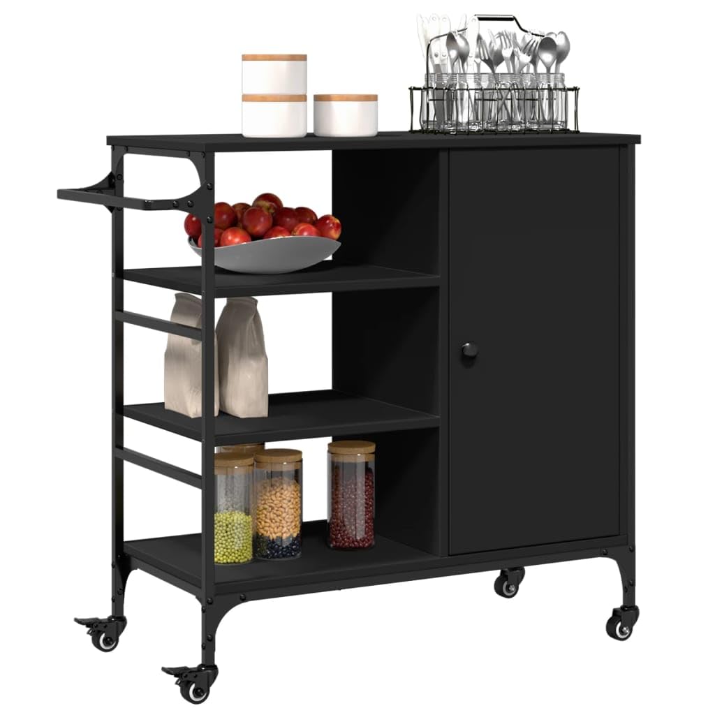 Carro de cocina negro con material de madera y marco de acero, 87,5 x 38,5 x 84,5 cm, con 4 ruedas y frenos, carrito de servicio con espacio de almacenamiento, estante, carrito auxiliar para