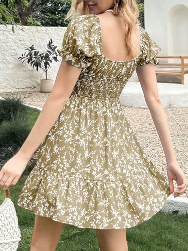 Image of Imily Bela Womens Summer Dress Ruffle Sleeve Sqaure Neck Smocked Sun Dress Casual Boho Beach Floral Mini Dress