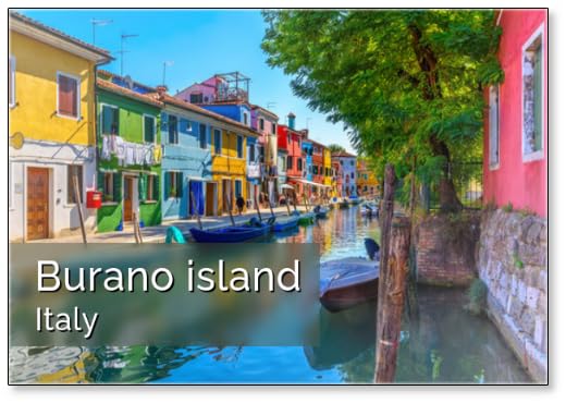 Street with Colorful Buildings and Canal in Burano Island, Venice, Italy. Architecture and Landmarks of Venice, Venice Postcard, Fridge Magnet
