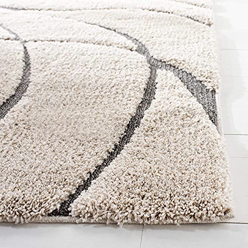 Image of Geometric Wave Shaggy Rectangular Carpet For Living Room,Bedroom,High Low Design Finish Microfiber 1.8 Inch Pile High,7X10 Feet Ivory|Grey Color