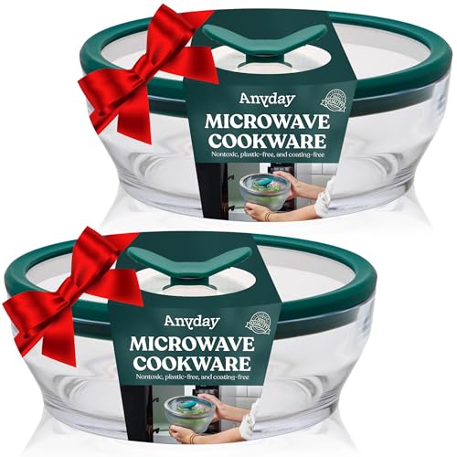 Image of Anyday 2-Pack (4-Cup Shallow) Glass Food Storage with Glass Lids | Plastic-Free Meal Prep & Microwave Cookware | Stackable Airtight Storage Container with Vented Lid for Microwave-Safe Reheating