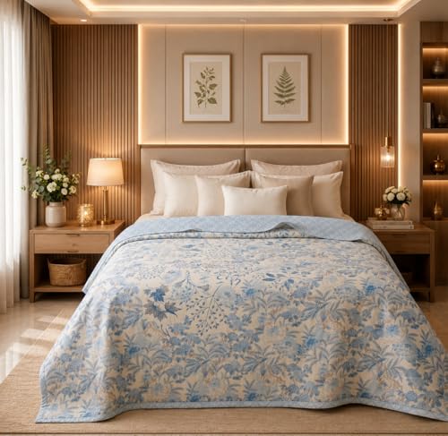 Image of BSB HOME Cotton Dohar for Double Bed, Lightweight AC Dohar Blanket, Soft Breathable Fabric, All-Season Comfort, Easy Care - 85 x 88 Inches (216 x 224 cm) (Powder Blue Bloom)