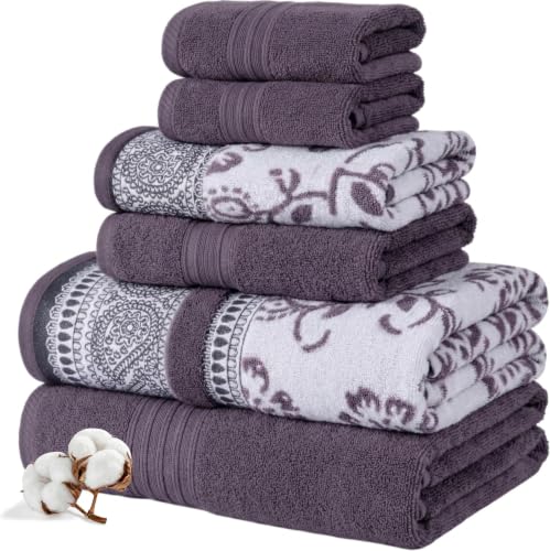 Image of Modern Threads 6 Piece Set, 2 Bath Towels, 2 Hand Towels, 2 Washcloths Yarn Dyed Jacquard /Solid Towel Set Ophelia Orchid (Pack of 8)