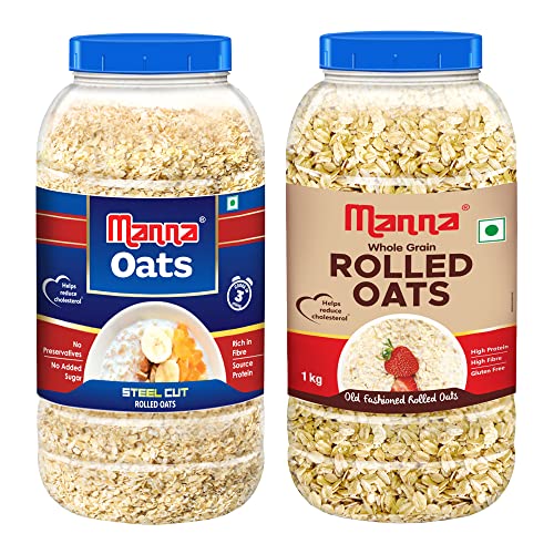 Image of Manna Oats Combo Pack of 2 | Instant Oats 1kg & Rolled Oats 1kg | High in Fibre & Protein | Helps Maintain Cholesterol | Diabetic Friendly | 100% Natural
