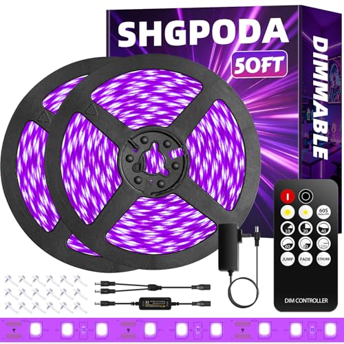 SHGPODA 50 Foot Black Light Strip & Remote, 900LEDs, Dimmable 12V Flexible Black Lights for Glow Party, Bedroom, Halloween, Fluorescent Tapestry Poster, 3 Lighting Modes, Non-Waterproof