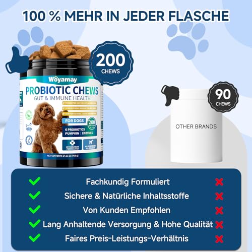 Woyamay Probiotika für Hunde – 200 Weiche Kausnacks Mit Hühnergeschmack, Zur Unterstützung der Verdauung und des Allgemeinen Wohlbefindens, Mit Ausgewogener Darmflora und Fellpflege für Alle Hunde