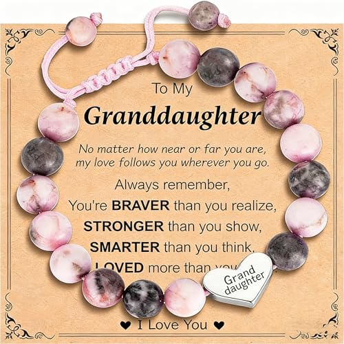 Dhdgzq Granddaughter Bracelet from Grandma Heart Natural Stone Beaded Bracelet for Girls Valentines Birthday Easter Gifts for Daughter Granddaughter Adjustable Jewelry Gift for Girls