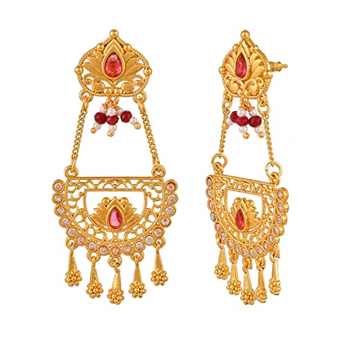 Abharan Red Stones & Pearls Ethnic Drop Earrings