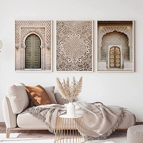 HTWLMM Islamique Beige Fleur Maroc Porte Toile Peinture Tableau,Islam Impression sur Toile Salon Chambre Maison Décoratifs Room Decor sans Cadre (D,3X50X70CM)