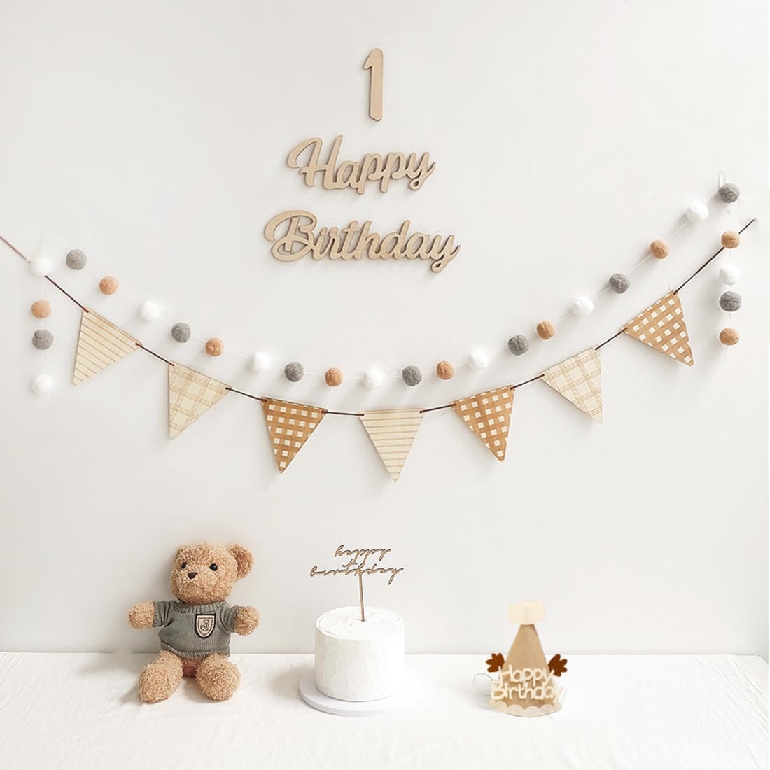 1歳 誕生日 飾り付け フェルト生地 誕生日 飾り セット シンプル おしゃれ バースデー 飾り 女の子 男の子 1歳 happy birthday ガーランド、ケーキトッパー、フラッグガーランド、フグボール ウォールステッカー 写真背景 お食い初め 1st Birthday Party Decorations