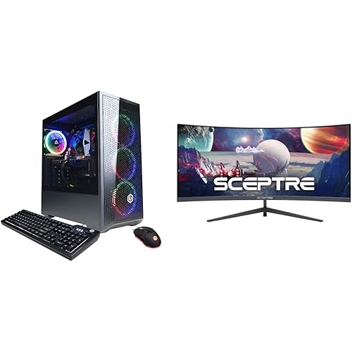 CyberpowerPC Gamer Xtreme VR Gaming PC, Black & Sceptre 30-inch Curved Gaming Monitor 21:9 2560x1080 Ultra Wide Ultra Slim HDMI DisplayPort up to 200Hz Build-in Speakers, Metal Black (C305B-200UN1)
