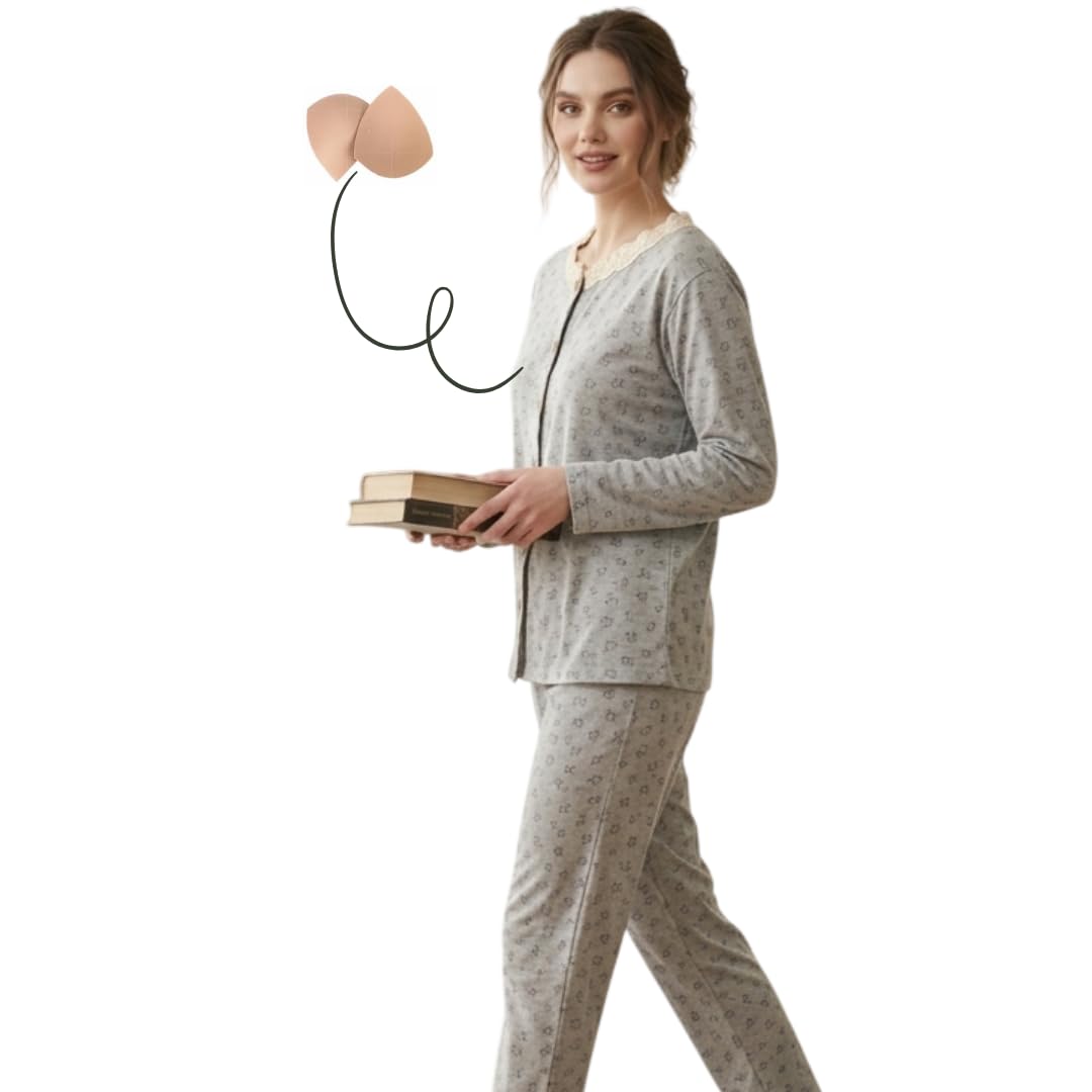 nohook Korean Style Chest Padded Cotton Nightsuit for Women | Grey Floral Print Full Sleeve Nightwear Set | Soft Breathable Cotton Pajama Set with in-Built Bra Pads-picture-11