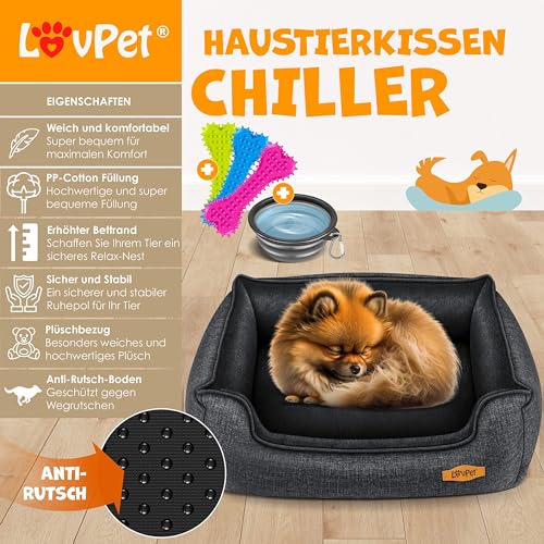Lovpet® Hundebett Hundekissen Hundekorb Chiller, Inkl. Napf + 3X Kauknochen, Hundesofa Kissen für Kleine, Mittelgroße & Große Hunde, Bezug abnehmbar und waschbar, L 90 x 75 x 25 cm Anthrazit