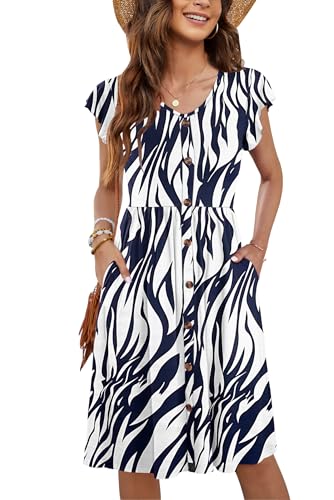 MOLERANI Women Summer Dresses Ruffle Sleeve V Neck Casual Swing Elastic Waist Midi Dress with Pockets Pockets White Navy Leaf S