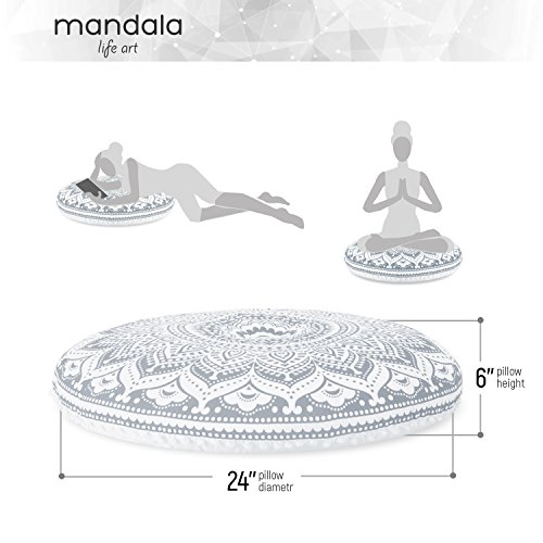 Mandala Life Art Yoga Decor Floor Cushion Cover - Round Meditation Pillow Case - Hand Printed Organic Cotton Pouf #TOP1