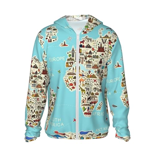 VOSERY World Travel Line Icons Map Sun Protection Zip Up Hoodie Jacket Lightweight Long Sleeve Sun Shirt for Women Men