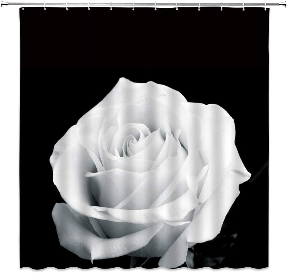 AMFD White Rose Shower Curtain Gray and White Flower Blooming Rose Romantic Floral Girls Light Modern Simple Art Fabric Bathroom Curtains Decor Set Include Hooks,（70" Wx84 H）