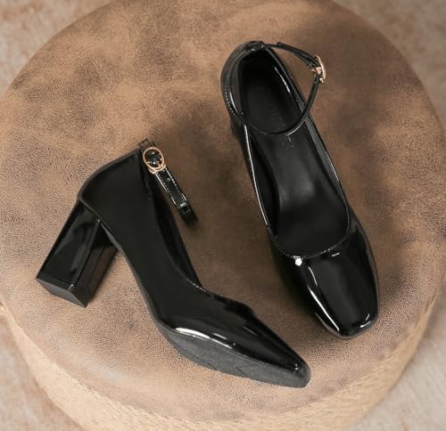 YooPrettyz Women Mary Jane Square Toe Shoes Patent Leather Dress Pumps Fashion Block Heels Vintage Shoes2