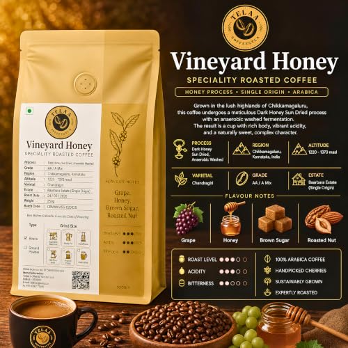 Image of TELAA Vineyard Honey Single Origin Specialty Coffee Beans | Honey Process 100% Arabica | AA Grade Chikkamagaluru Coffee | Fresh Roasted Whole Beans | Medium Roast for Espresso, French Press, Pour Over & Moka Pot | 250g