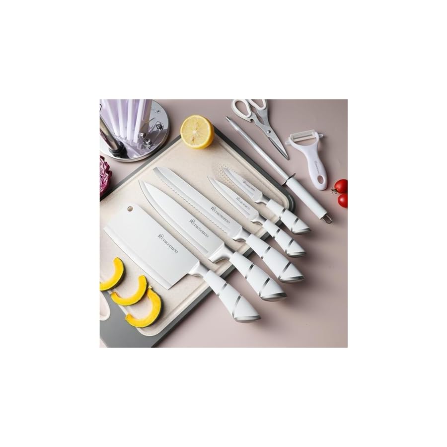 Kitchen Knife Set, Retrosohoo 9-Piece White Sharp Non-Stick Coated Chef Knives Block Set, Stainless Steel Knife Set for Kitchen with Sharpener for Cutting Slicing Dicing Chopping (White)