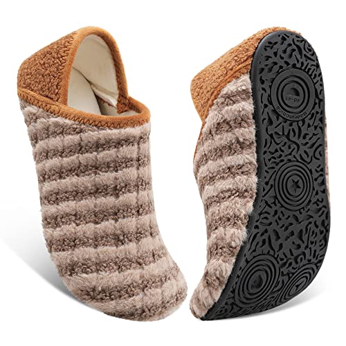 Image of Fires Womens Mens Slippers with Rubber Sole Soft-Lightweight House Slipper Socks Around House Shoes Non Slip Indoor /Outdoor, Brownstripe, 8-9 Women /6.5-7.5 Men