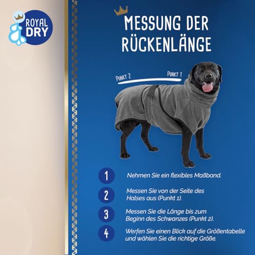 Royal Dry Bademantel Hund XL - Rückenlänge 70-80 cm - Hundehandtuch - Mikrofase - Hundebademantel für große Hunde - Schnell Trocknendes mit Klettverschluss - Grau