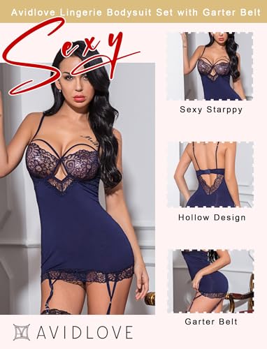 Image of Avidlove Lingerie for Women Teddy Bodysuit with Garter Belt Lace Babydoll Full Slips No Stockings