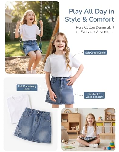 Image of ABALACOCO Jean Skirt for Girls 2Pack Denim Mini Skirt Shorts A-Line Kids Dress,Stretchy Waist Cotton Soft Button Wear 3-14T