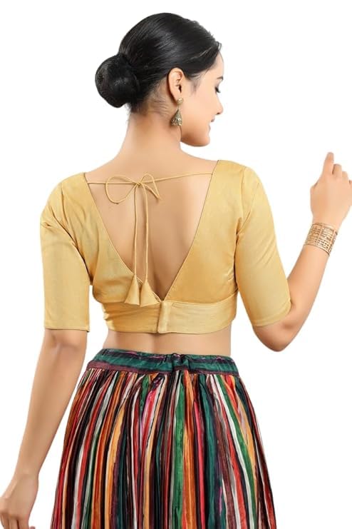 Image of Dupion Silk Solid Non Padded Saree Blouse Top V-Neck Short Sleeves Hook and Eye Closure and Tie-Up Back Choli