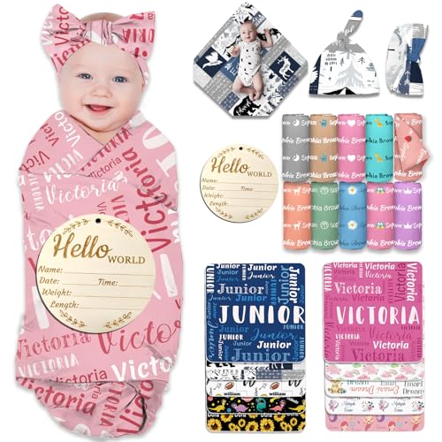 Busparst Personalized Baby Swaddles Blanket with Name Custom Newborn Receiving Blanket Headband Set Baby Swaddle Customized Gifts for Baby(Name)