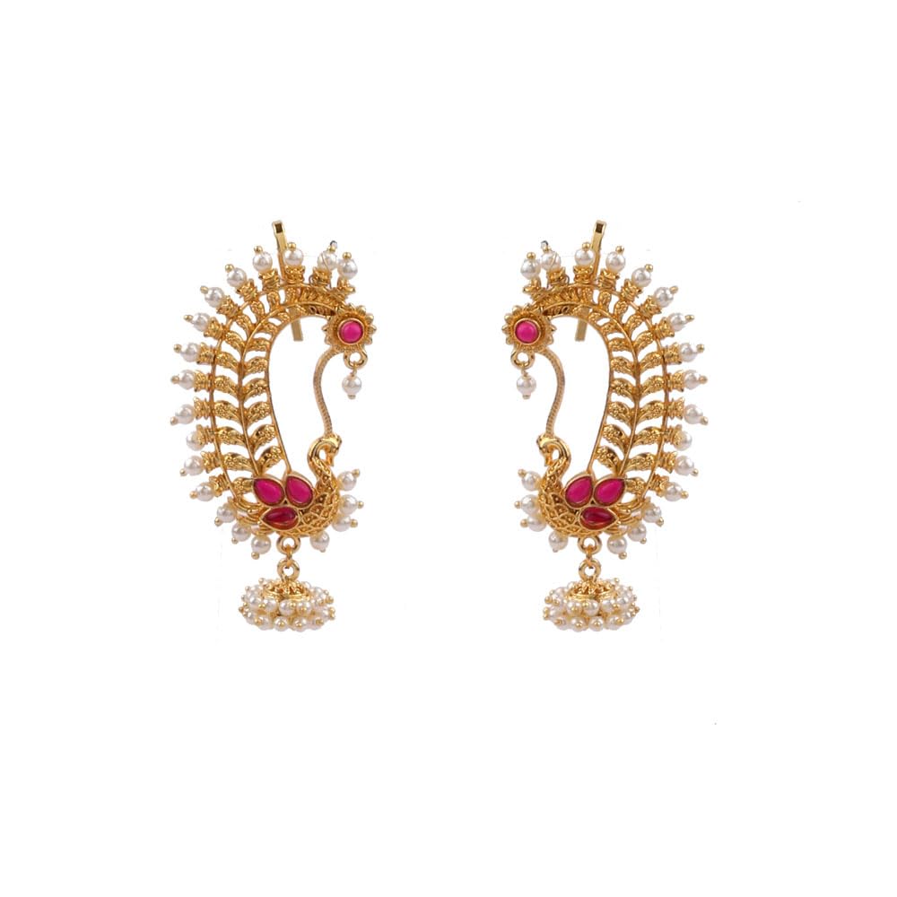 Art Jewellery golden finish and a featuring peacock design with a striking pearl beads Ganpati kaan jewellery.