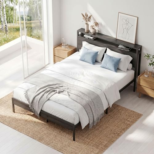 Image of LIKIMIO Full Bed Frame with Headboard, Dark Wood Camas Full with Strong Supports, Sturdy, Noise-Free, No Box Spring Needed, Grey